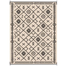 Reversible Outdoor Rug, Waterproof Plastic Straw with Carry Bag, 9' x 12', Black & Beige Rhombus