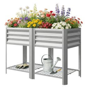 Raised Garden Bed Galvanized Steel, Elevated Planter Box with Storage Shelf, Bed Liner, 31.5" High, Silver