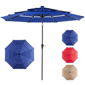10 FT 3-Layer Solar Patio Umbrella, 32 LED Lights Market Umbrella with Adjustable Tilt, 8-Rib Outdoor Sunshade for Backyard, Deck and Poolside