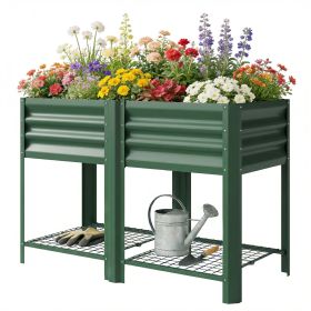 Raised Garden Bed Galvanized Steel, Elevated Planter Box with Storage Shelf, Bed Liner, 31.5" High, Green