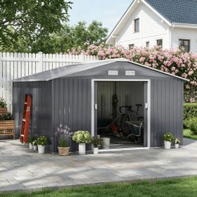 Dark Gray 11' X 13' Garden Metal Shed Storage Utility Building with Double Locking Doors for Bike And Yard Tools