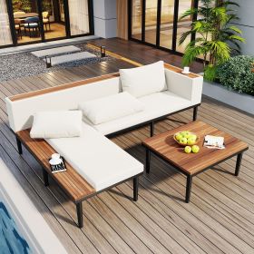 <Old SKU: N704G201251A>Luxury Patio Furniture Set with Removable Cushions and Coffee Table, L-Shaped Acacia Wood Sofa with Side table