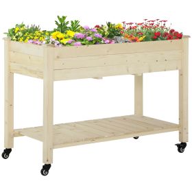 Outsunny Raised Garden Bed, 47" x 22" x 33", Elevated Wooden Planter Box w/ Lockable Wheels, Storage Shelf, and Bed Liner for Backyard, Patio, Na
