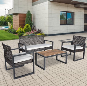 4-Piece Patio Furniture Set Outdoor Balcony Porch Garden Backyard Lawn Furniture Acacia Wood Table Top, Morden Brown and Beige Cushion