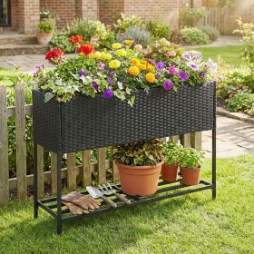 Raised Wicker Garden Bed with Storage Shelf and Removable Liner (Color: Black, Select: 40" x 12" x 28")