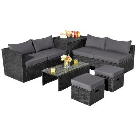 8 Pieces Patio Furniture Set with Storage Box and Waterproof Cover (Color: gray)