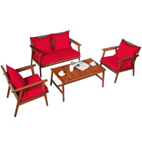 4 Pieces Acacia Wood Patio Rattan Furniture Set with Zippered Cushions (Color: Red)