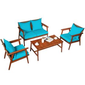 4 Pieces Acacia Wood Patio Rattan Furniture Set with Zippered Cushions (Color: Turquoise)