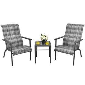 3 Pieces Patio Rattan Bistro Set with High Backrest and Armrest (Color: gray)
