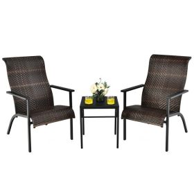 3 Pieces Patio Rattan Bistro Set with High Backrest and Armrest (Color: Brown)