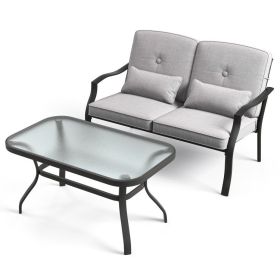 Outdoor Loveseat Chair Set with Coffee Table and Seat Back Cushions (Color: gray)