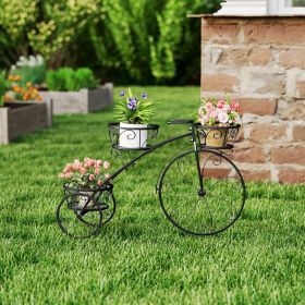 Tricycle Plant Stand Flower Pot Cart Holder with 3 Hollowed Baskets (Color: Black)